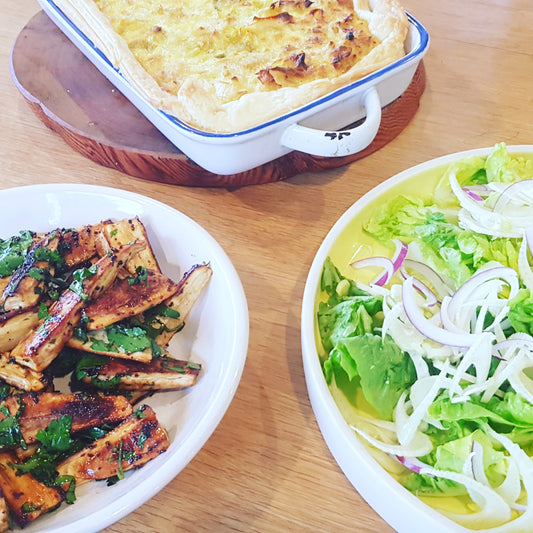 Leek tart, honeyed roasted parsnips and a cos and fennel salad