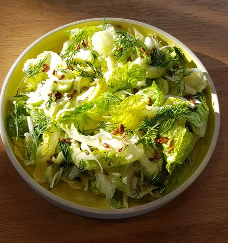 Baby cos salad with fennel, dill, yoghurt and toasted seeds